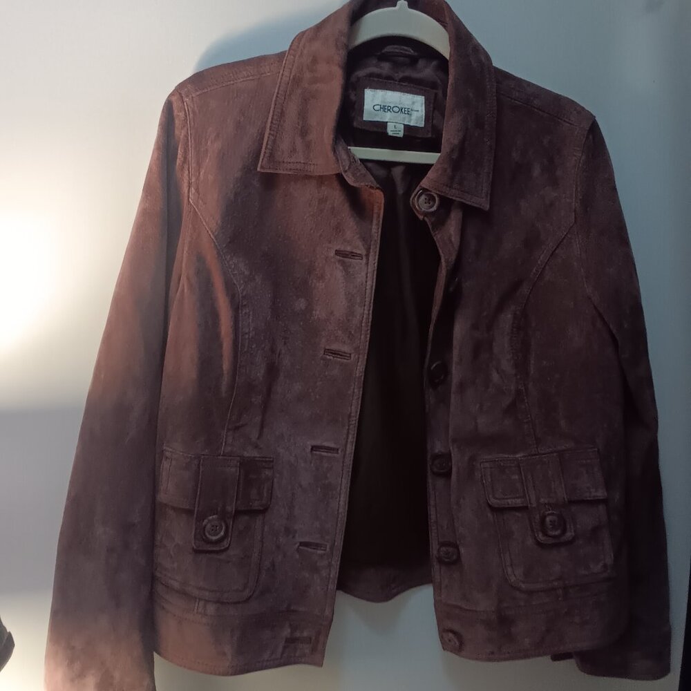 Authentic Original Cherokee Brown Genuine Leather Suede Trucker Jacket Large